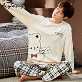 Big Size Autumn New Mens Casual Pajamas Set Cotton Long Sleeve Kawaii Bear Cartoon Printing Sleepwear for Men Pijama for Boy