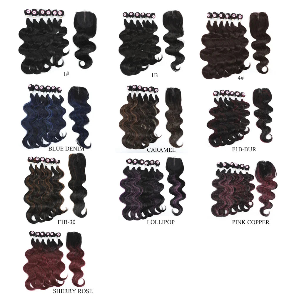 X-TRESS Body Wave Hair Bundles With Middle Part Closure Soft Synthetic Hair Weave Extensions For Black Women 7PCS One Pack