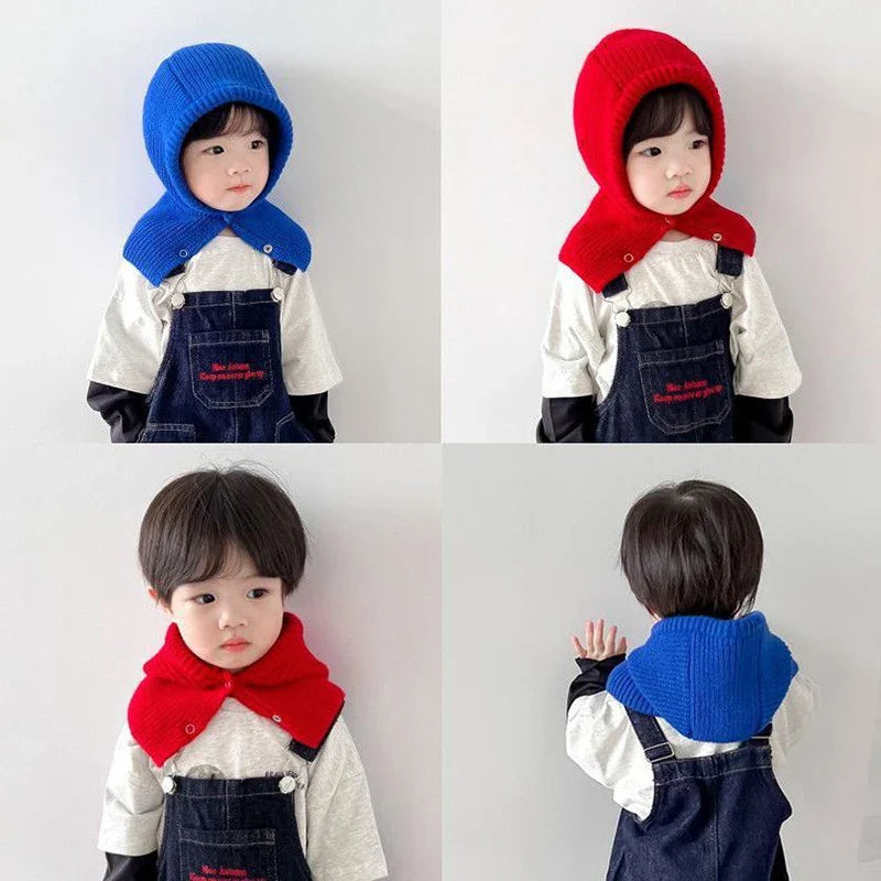 Korean Kids Balaclava Hat One Piece Scarf Cap Winter Warm Knitted Ear Protection Hat Solid Children Boys Girls Hooded Beanie