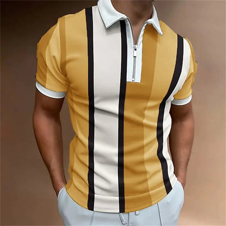 Men's Solid Color Striped Polo Shirt Short Sleeve Golf Turn-down Collar Zipper Polo Shirt&for Men Casual Streetwear Summer Tops