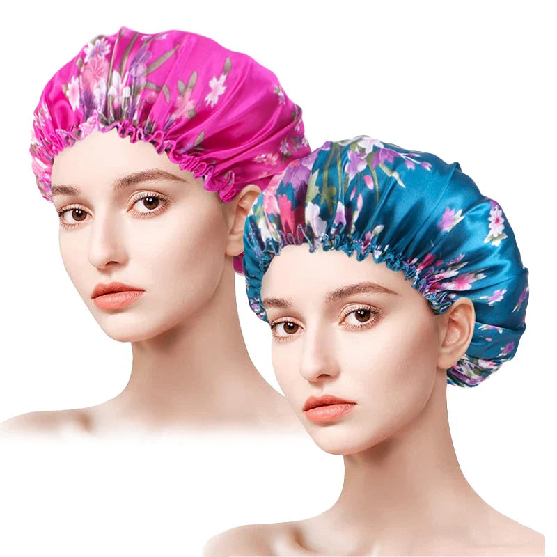 2PCS/LOT Satin Printed Bonnets Women Fashion Countryside Nightcap Flower Edge Home Cap Elastic Beauty And Hair Care Make Up Hat