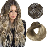 Clip In Human Hair Extensions Straight Natural Light Brown Honey Ombre Balayage Black Hair Pieces For Women Clip-in Full Head