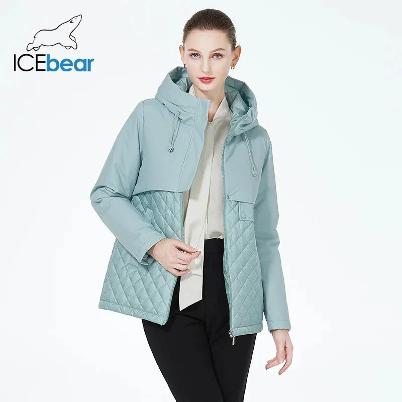 ICEbear 2023 New Women Casual Short Jackets Hooded Windproof Female Spring Autumn Parka Long Sleeve Thin Padded Coat GWC3570I