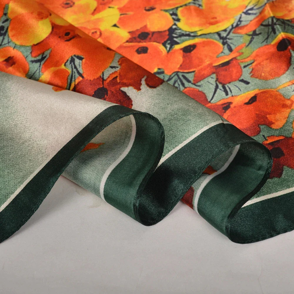 BYSIFA| Fall Winter Elegant Floral Design Scarves Shawls New Green Orange Square Silk Scarf 90*90cm Women Neck Head Scarf Hijab