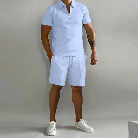 Summer New Solid Color Men's Sets High Street POLO Collar Short Sleeve Zip Fastener Pullovers Elastic Waist Pockets Y2K Shorts