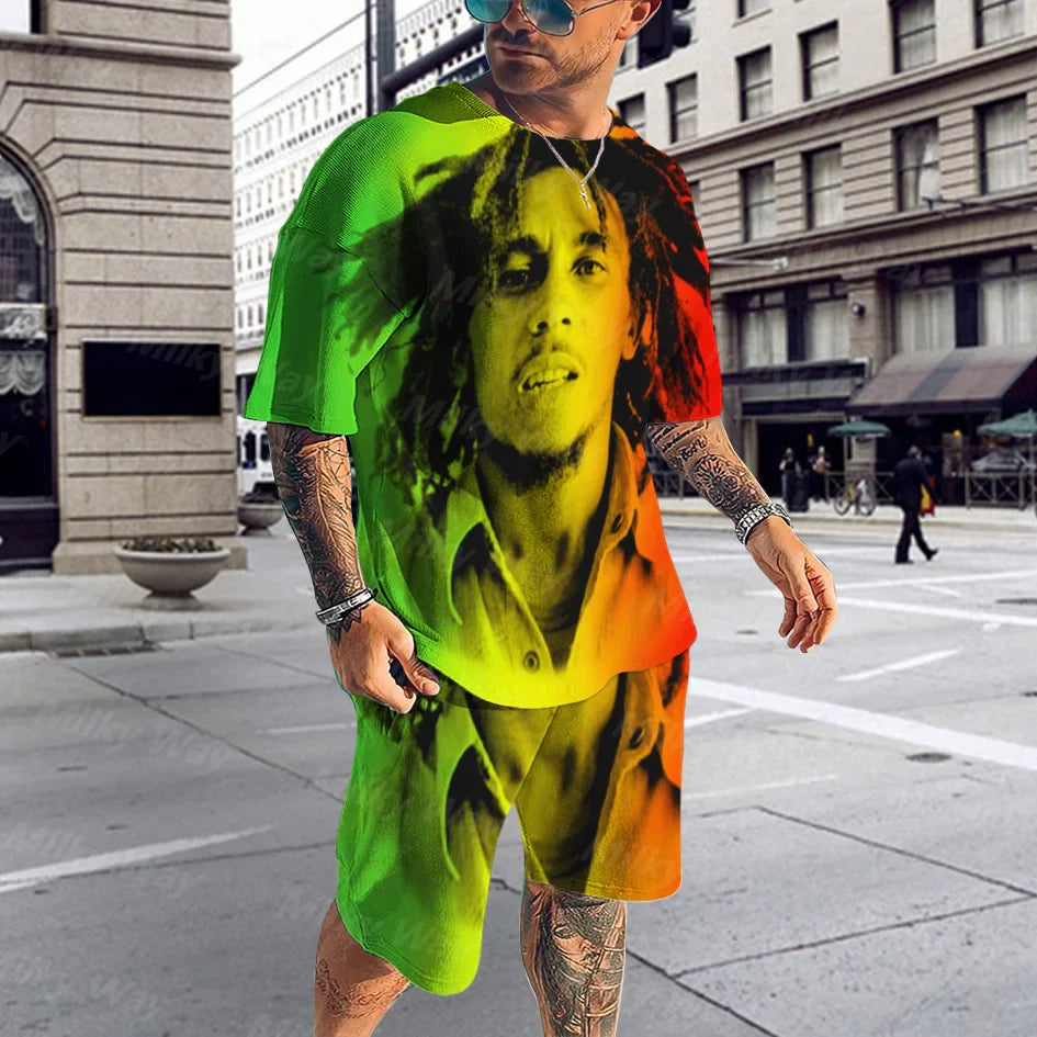 Summer Men's Tracksuit Bob Marley Reggae Music T-Shirt Shorts Set Casual Suit Fashion Outfit Male Oversized Streetwear One Love