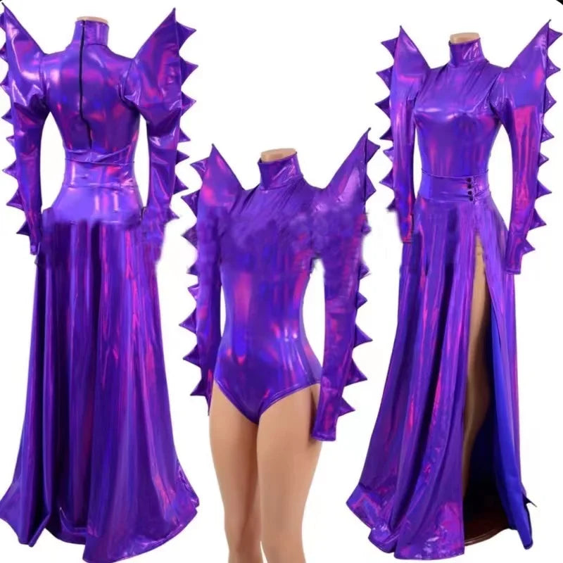 Nightclub Ds Dj Gogo Wear Pole Dance Outfit Drag Queen Costume Sexy Purple Laser Exaggerated Shoulder Bodysuit Dress