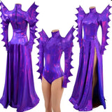 Nightclub Ds Dj Gogo Wear Pole Dance Outfit Drag Queen Costume Sexy Purple Laser Exaggerated Shoulder Bodysuit Dress