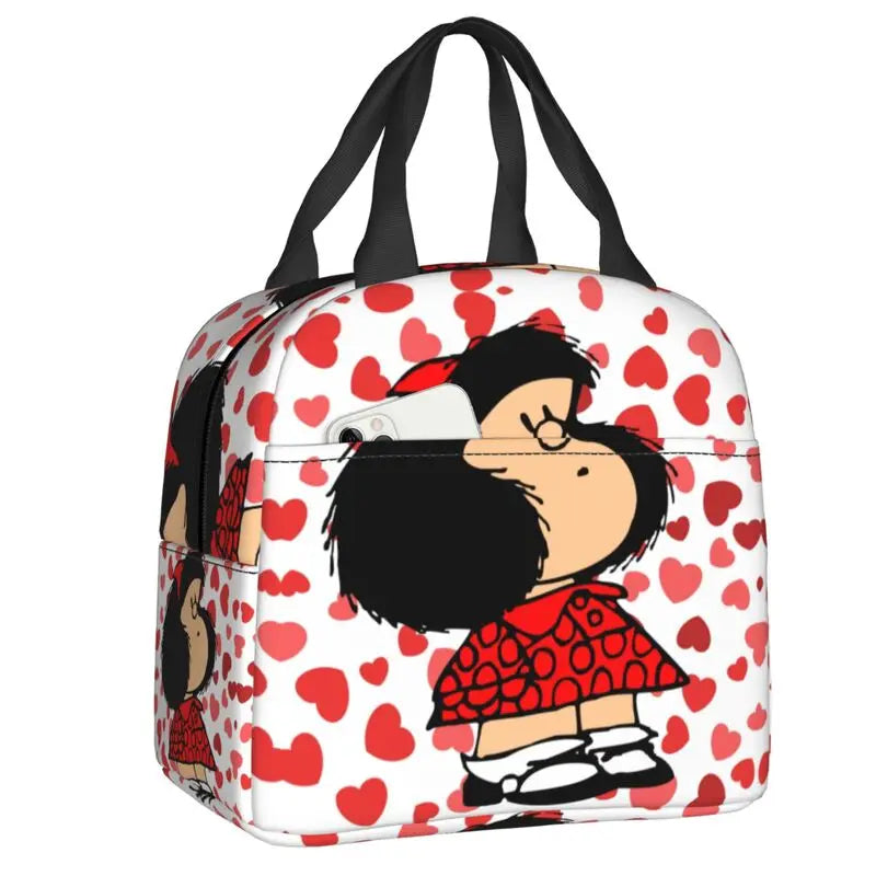 Mafalda Insulated Lunch Bags for Women Argentine Cartoon Quino Comic Portable Cooler Thermal Food Lunch Box Kids School Children