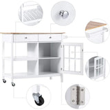 Rolling Kitchen Island Towel Rack Wine Shelf Portable Kitchen Cart Wood Top Kitchen Trolley With Drawers and Glass Door Cabinet