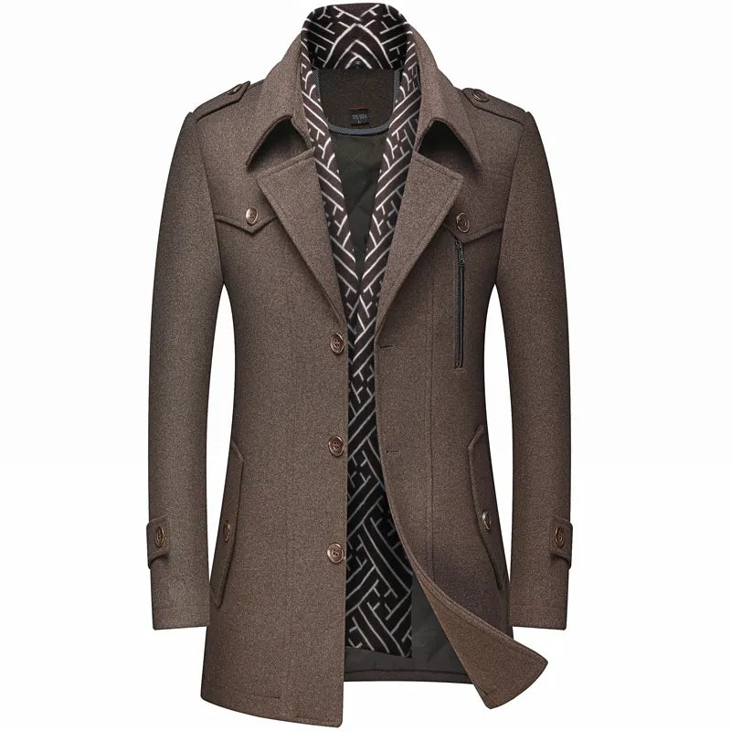 Winter Men's Woolen Coats Fashion Thicken Mid Length Trench Solid Turn Down Collar Warm Outerwear Business Casual Wool Coat Men