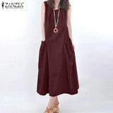 ZANZEA Summer Sleeveless Maxi Dress Women Fashion Work Holiday Sundress Casual  Solid Color O-Neck Vestidos Midi Robe Oversize