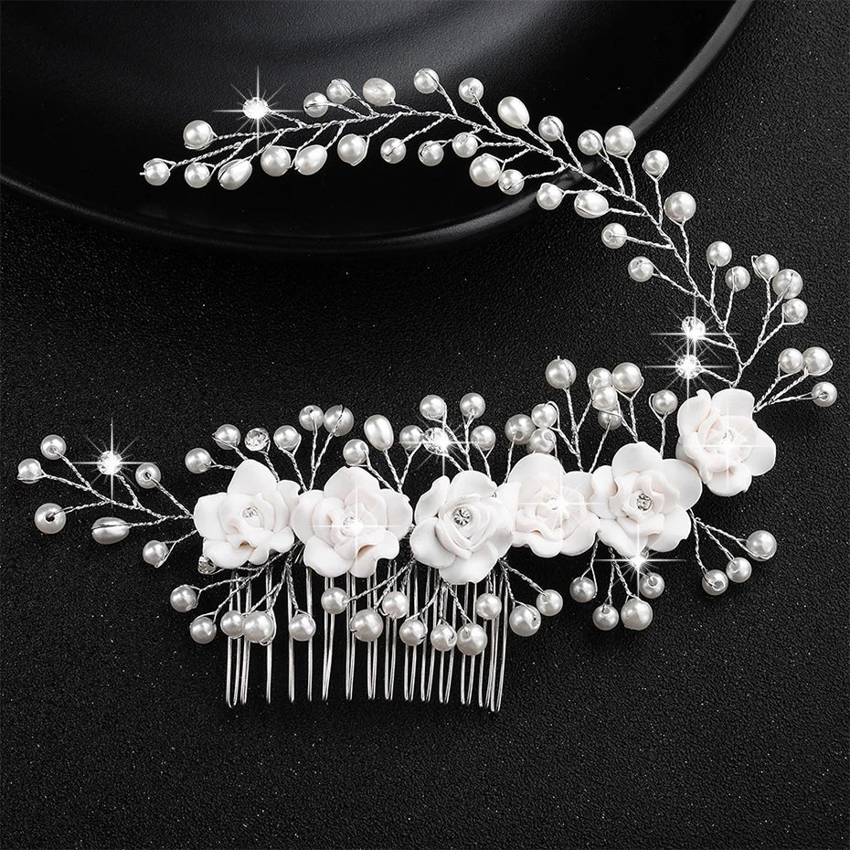 Silver Color Flower Hair Comb Clip Girls Handmade Alloy Pearl Hairpin Bridal Tiaras Wedding Hair Accessory Crystal Hair Jewelry