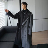 NOYMEI Autumn Winter Patchwork Korean Style Men's Trench Belt Decoration Lapel Windbreaker Trendy Woolen Coat WA2590