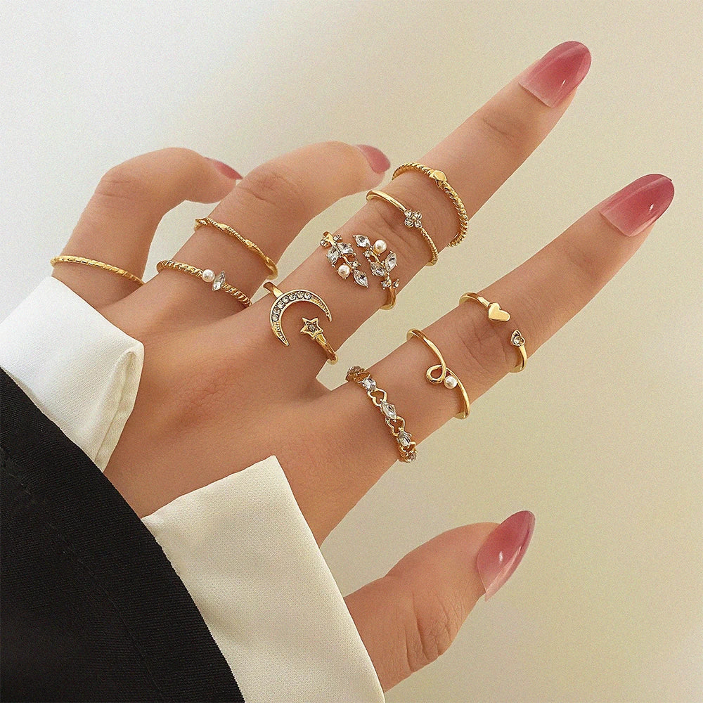 23pcs Hiphop Gold Color Geometric Wheat ear Rings Set For Women Girls Punk Star Moon Eye Wave Finger Rings Jewelry Party Gifts