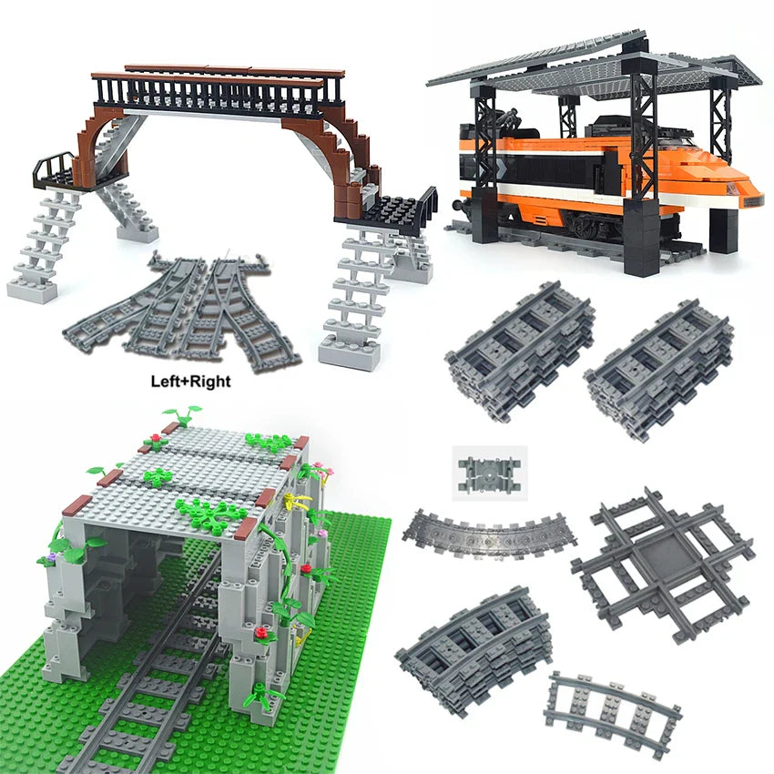 City Trains DIY Building Blocks Straight Curved Rail Bricks Parts Bridge Tunnel Model Soft Flexible Cross Tracks Railway MOC Toy