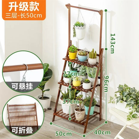 Plant Stand Storage Shelf 3-Tier Hanging Stand for Flowers Folding Organizer Display Storage Rack Adjustable Hanger Rod Bamboo