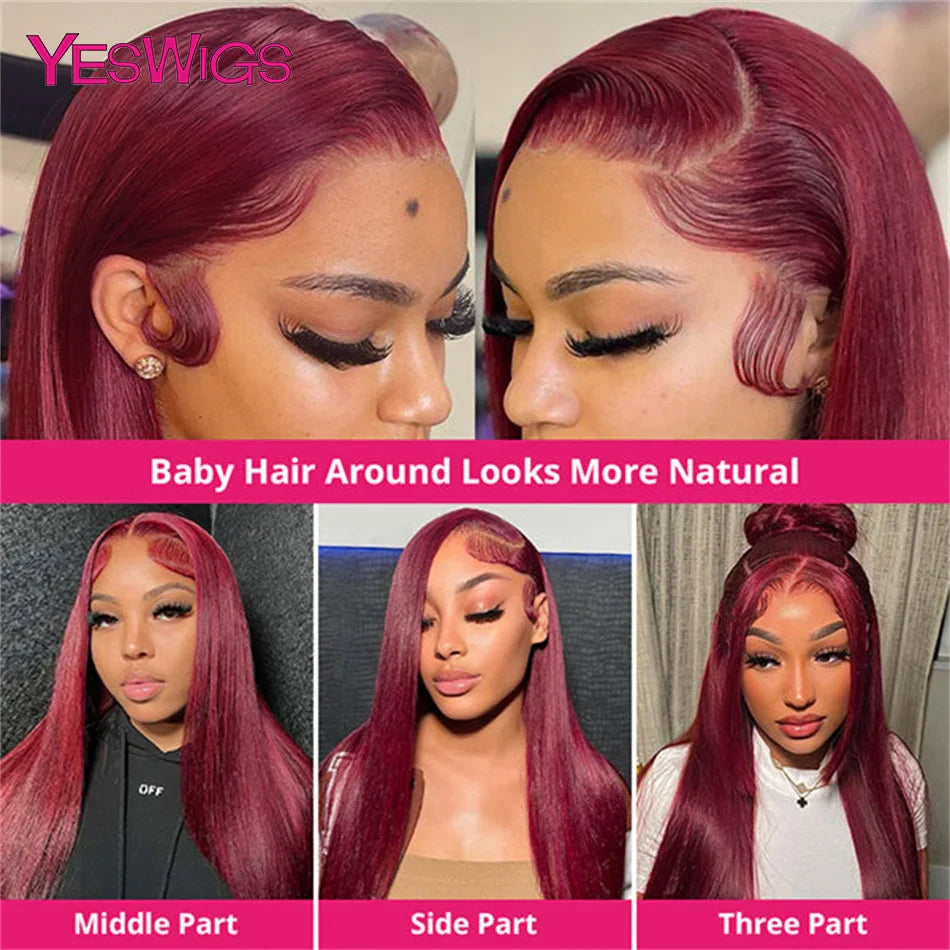 Burgundy 99J Red Colored Bone Straight Lace Front Wig HD Transparent Lace Frontal Human Hair Wigs For Women Pre Plucked Glueless