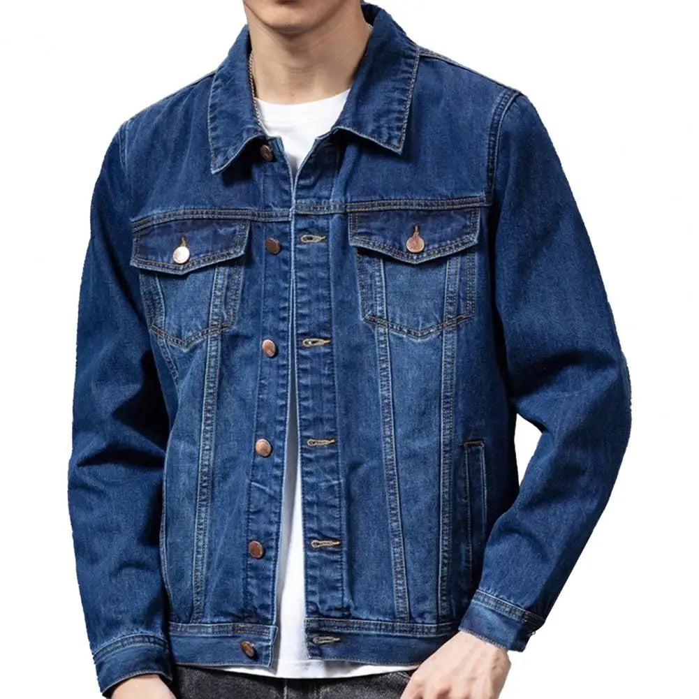 Men Denim Jacket Long Sleeves Multi Pockets Lapel Single-breasted Cardigan Loose Korean Style Men Spring Fall Coat