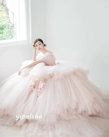 Yipeisha Intricate Exquisite Strapless Ball Gown Flower Draped Sweep/Brush Skirts Net/Tulle Evening Dresses Saudi Arabia