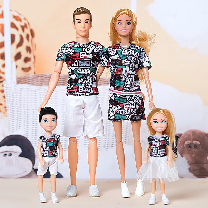 30cm Family Doll Movable Body Mom Dad Ken and Kids 4 Dolls Set 1/6 Barbies Doll Toy for Child Kids Education Birthday Gift