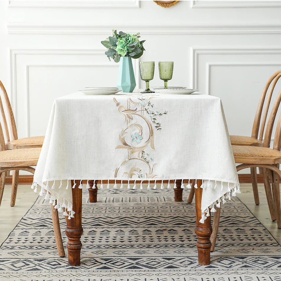 Embroidery Anglicanum Tassel Tablecloth, Cotton Linen Dust Proof Table Cover, for Kitchen Dining Room,Home Party Tabletop Decor