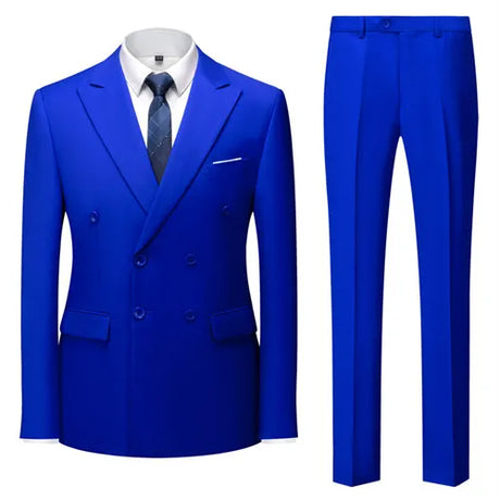 Pure Color Double-breasted Suit Two-piece Men's Fashion Slim Dress Jacket with Pants Wedding, Business Men Sets Red Blue Green