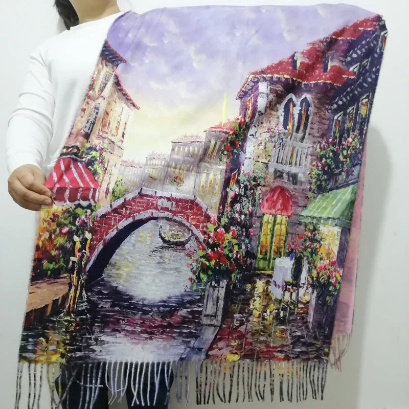 Van Gogh's Oil Painting Cashmere Scarf Women Winter Coffee House Print Wool Shawls and Wraps Ladies Cape Blanket Scarves New