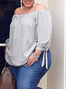 Plus Size 5XL VONDA Women Blouse Elegant Shirts 2023 Autumn 3/4 Sleeve Striped Tops Sexy Off Shoulder Casual Loose Blusas Femme