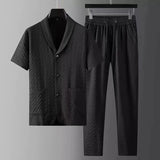 2023 Fashion Men's Two Piece Sets Spring Summer Casual Short Sleeve Shirts Pants Suit Solid Geometry Pattern Printed Outfit Men