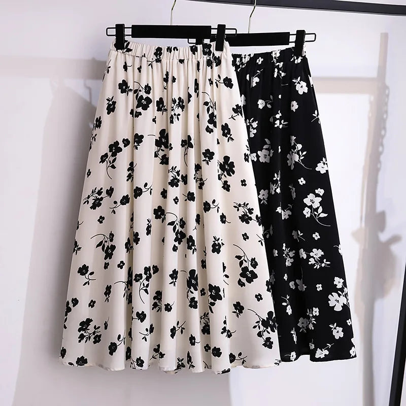 175Kg Plus Size Women's Summer Loose Floral Chiffon A-Line Skirt Hip 175 Apricot Black 5XL 6XL 7XL 8XL 9XL 10XL