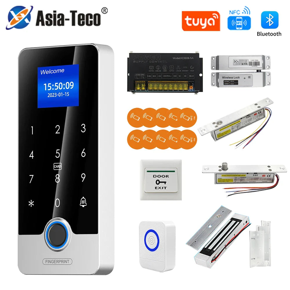 Tuya APP Door Lock Access Control System Kits With 1.77In Screen Bluetooth Keyboard Fingerprint RFID IC Card Reader Metal Keypad