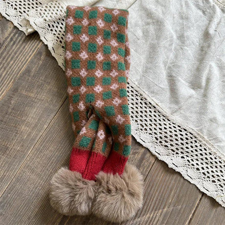 deer jonmi Korean Style New Winter Children Plaid Printed Scarves Pompon Patchwork Toddlers Kids Knitted Warm Shawl