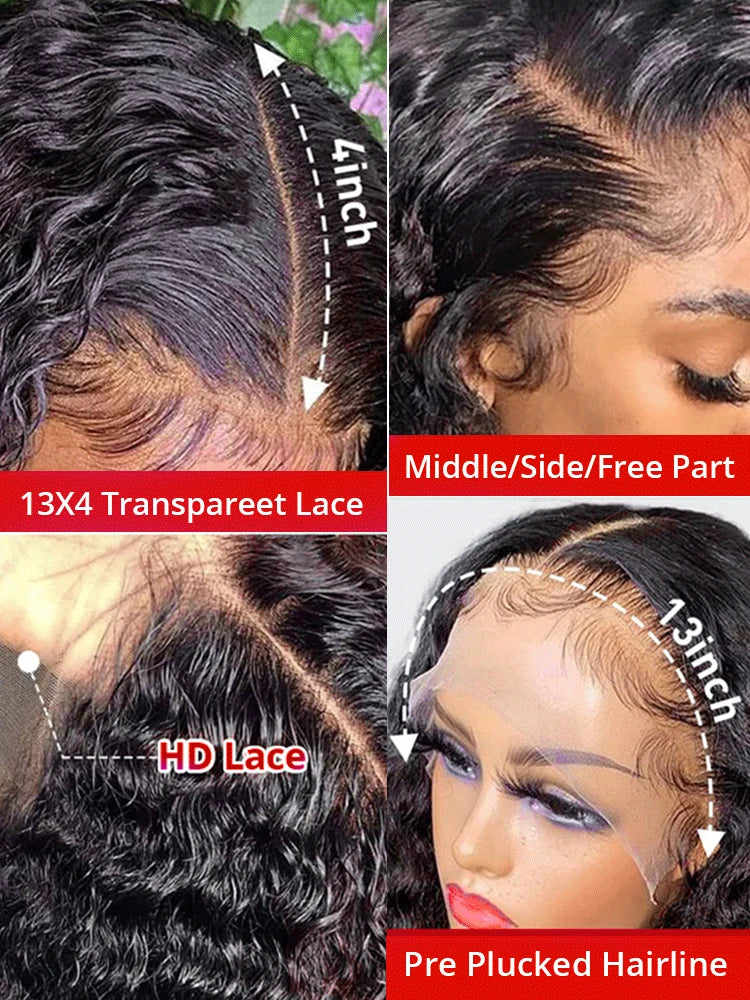 Transparent 13x4 360 HD Water Wave Lace Front Wigs For Women Curly Human Hair Wigs Deep Wave Lace Frontal Wigs Pre Plucked 180%