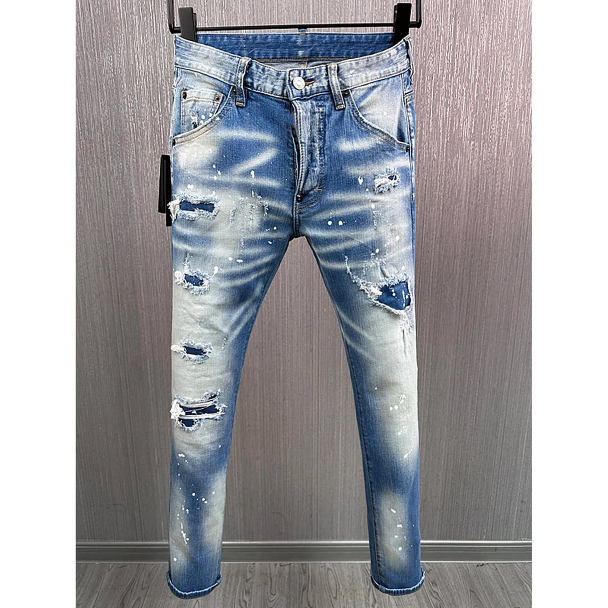 new brand dsq Men Jeans Badge Printed dsq Coolguy Beggar Denim Long Pants Straight Pockets Hole Zipper Button blue jeans pant