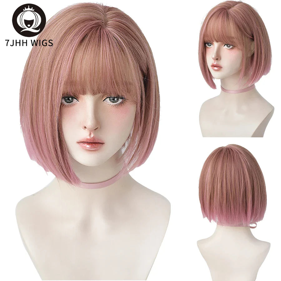 7JHH WIGS Black Short Bob Wig for Girl Daily Wear Synthetic Wig New Style Natural Supple Summer  Heatresistant Wig With Bangs