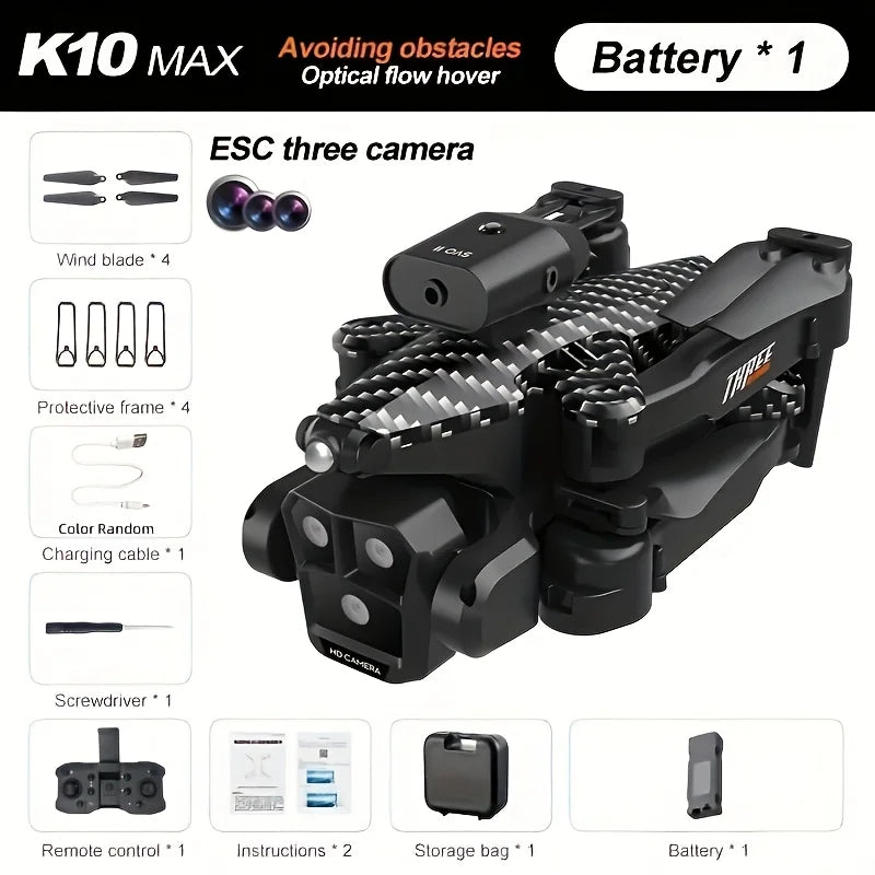 New K10 Max RC Drone HD Triple Camera Optical Flow Positioning Obstacle Avoidance Gesture Photography Foldable Quadcopter Toys