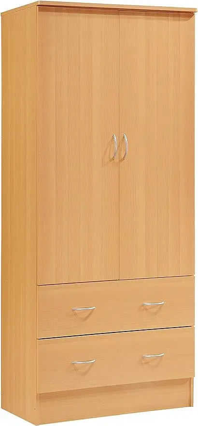 wooden wardrobe bedroom closet, Cabinet equipped with clothes drying rod and 2 storage drawers, White wardrobe