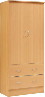 wooden wardrobe bedroom closet, Cabinet equipped with clothes drying rod and 2 storage drawers, White wardrobe