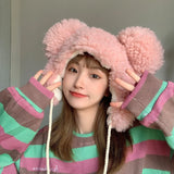 New Big-ear Bear Cashmere Bomber Hats Women Fluffy Hat with Ears Autumn Winter Cute Pullover Earmuffs Warm Cap Bandage