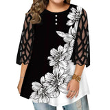 Women‘s Mesh 3/4 Sleeve Tunic Tops Ladies Casual Floral T-Shirt Blouse HIgh Quality Clothes Clothing For Female 2023 Plus Size