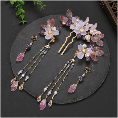 Chinese Hanfu Hair Accessories Set Long Fringed Vintage Hairpins Flower Handmade Hair Sticks For Women Traditional Retro Jewelry