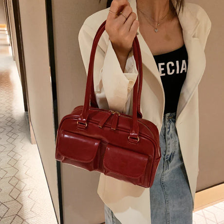 Vintage PU Leather Women Tote Handbag High Quality Fashion Shoulder Bag Large Capacity Chic Hobo Bag Designer Solid Underarm Bag