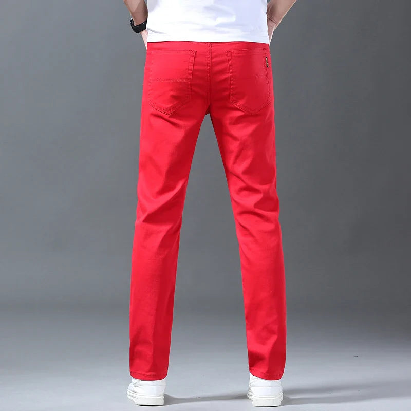 New Men's Pants Trend Temperament Casual Denim Jeans Elastic Straight Slim White Red Black Cool Trousers for Male