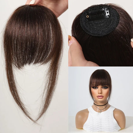 100% Human Hair Bangs Natural Black Brown French Bang Hair Clip in Bang Fringe with Temples Hairpiece for Women Clip on Air Bang