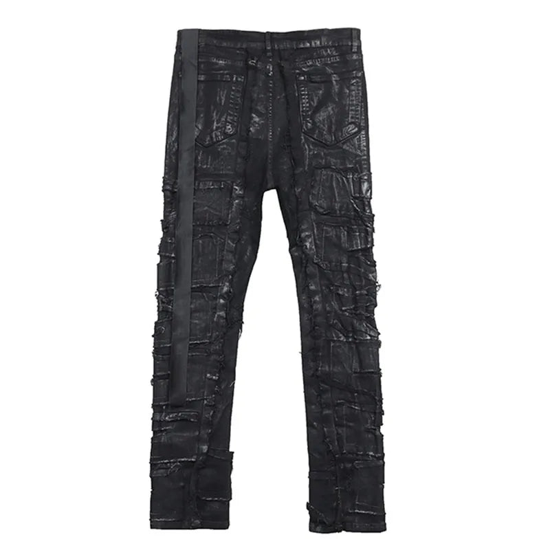 Dark Coating Wax Brushing Erosion Hole Jeans Men Ripped Casual Denim Pants Street Hip Hop Black Jeans Trousers Men