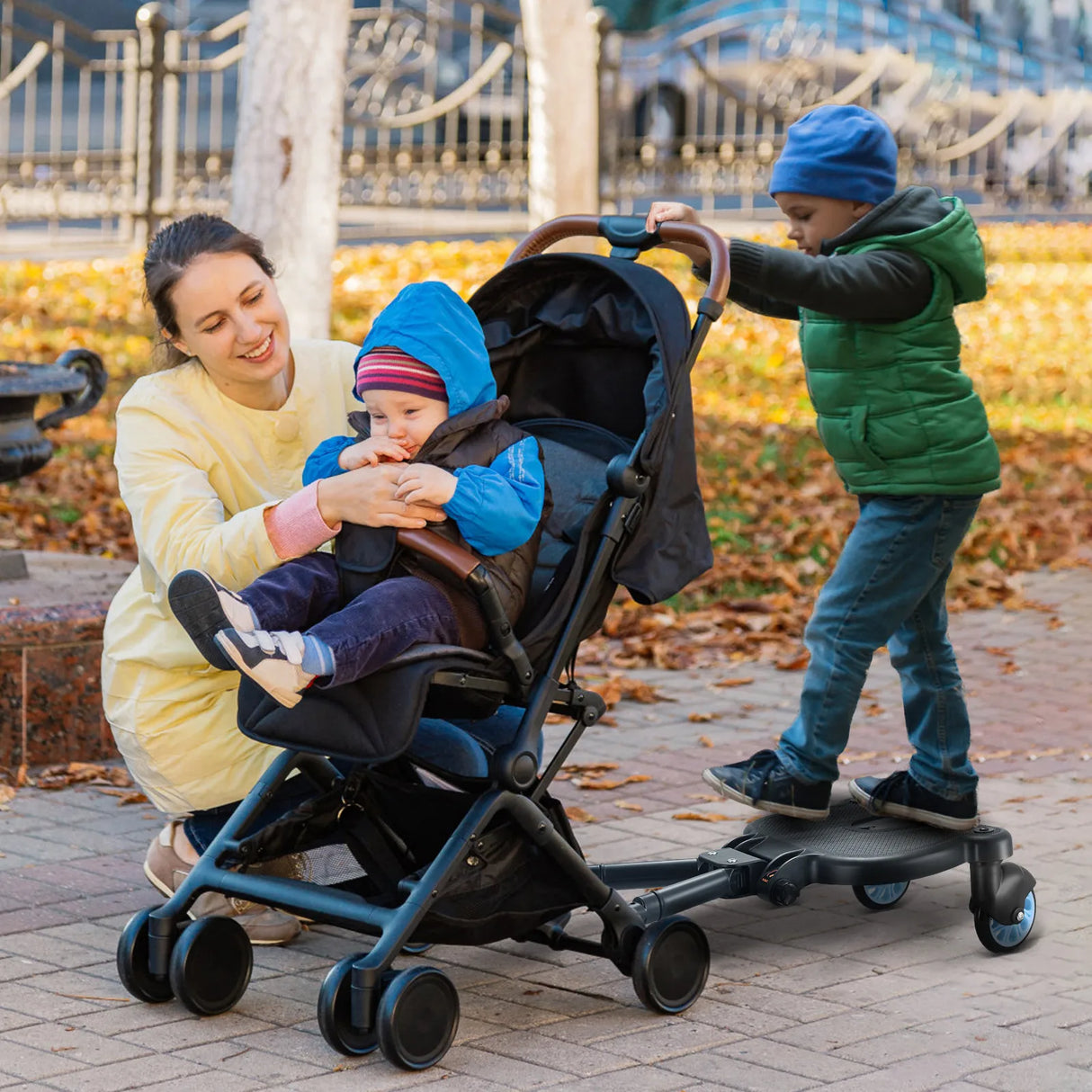 2 in 1 Universal Strollers Step Board Adapter with Seat Second Child Jogger Twins Scooter Baby Pram Hitchhiker Bumper Pink/Blue