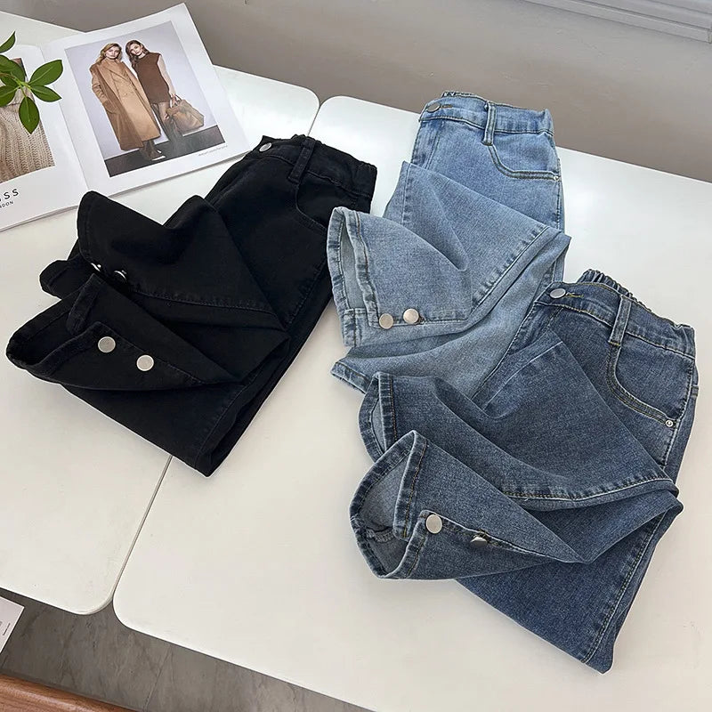 Spring Autumn Clothing Women Drainpipe Jeans Plus Size Brief Denim Cotton Leg Opening Buttons High Waist Stretch Straight Pants