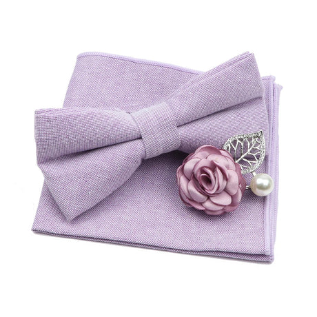 Solid Color Mens Bowtie Brooch Set 100% Cotton Pink Blue Bow Tie Flower Lapel Pin Romantic Wedding Party Suit Shirt Accessories