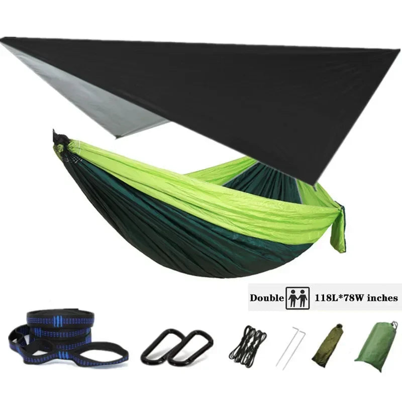 Oversized Double 118inx79in Hammock with Tree Straps and Rain Fly, Indoor Outdoor Backpacking Survival & Travel Camping Hammock